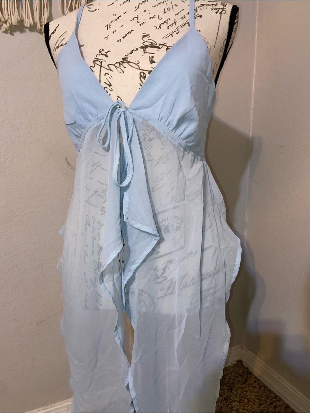 Peppermayo Light Baby Blue Sheer Babydoll Chemise with Tie Front Adjustable